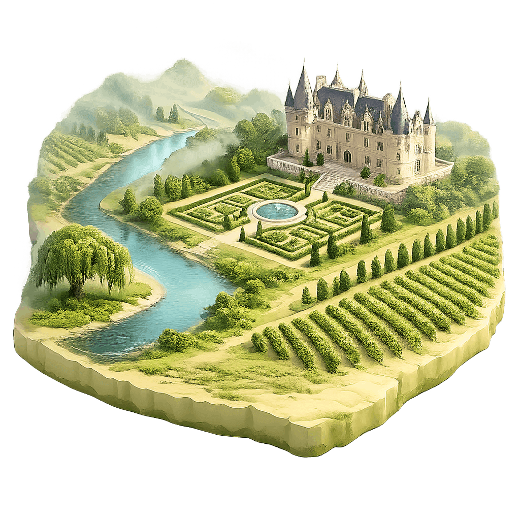 Artistic illustration of the Loire Valley wine region.
