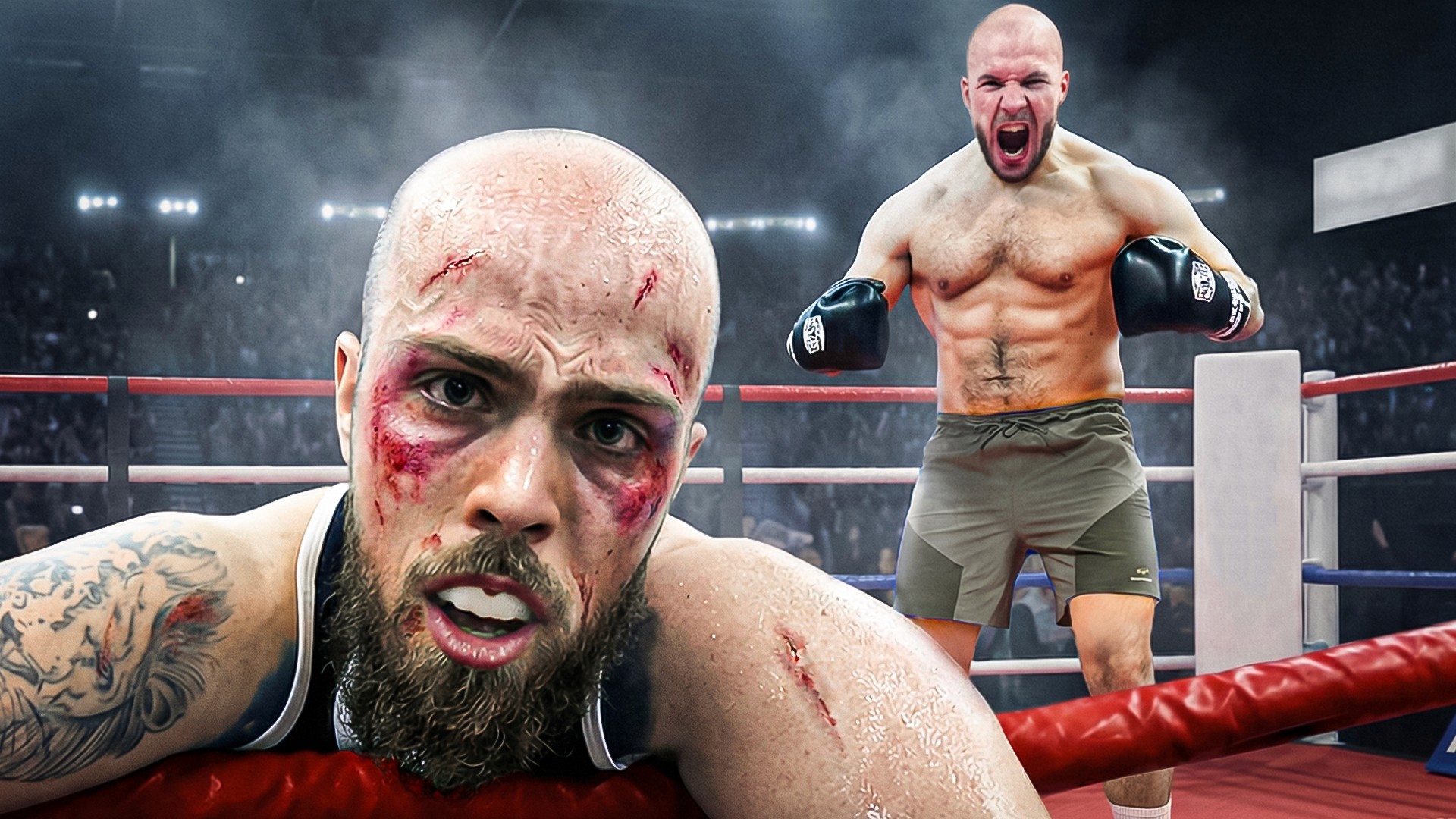 Professional boxing YouTube thumbnail with bloodied fighter closeup and victorious opponent in ring — sports drama thumbnail with high emotional contrast