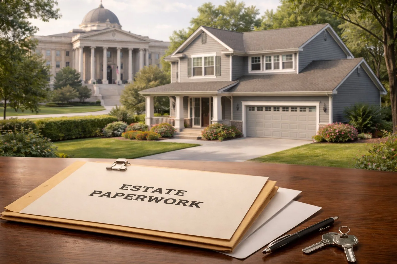 Suburban house viewed from above with a courthouse in the background and a sealed estate paperwork folder on a table in the foreground.