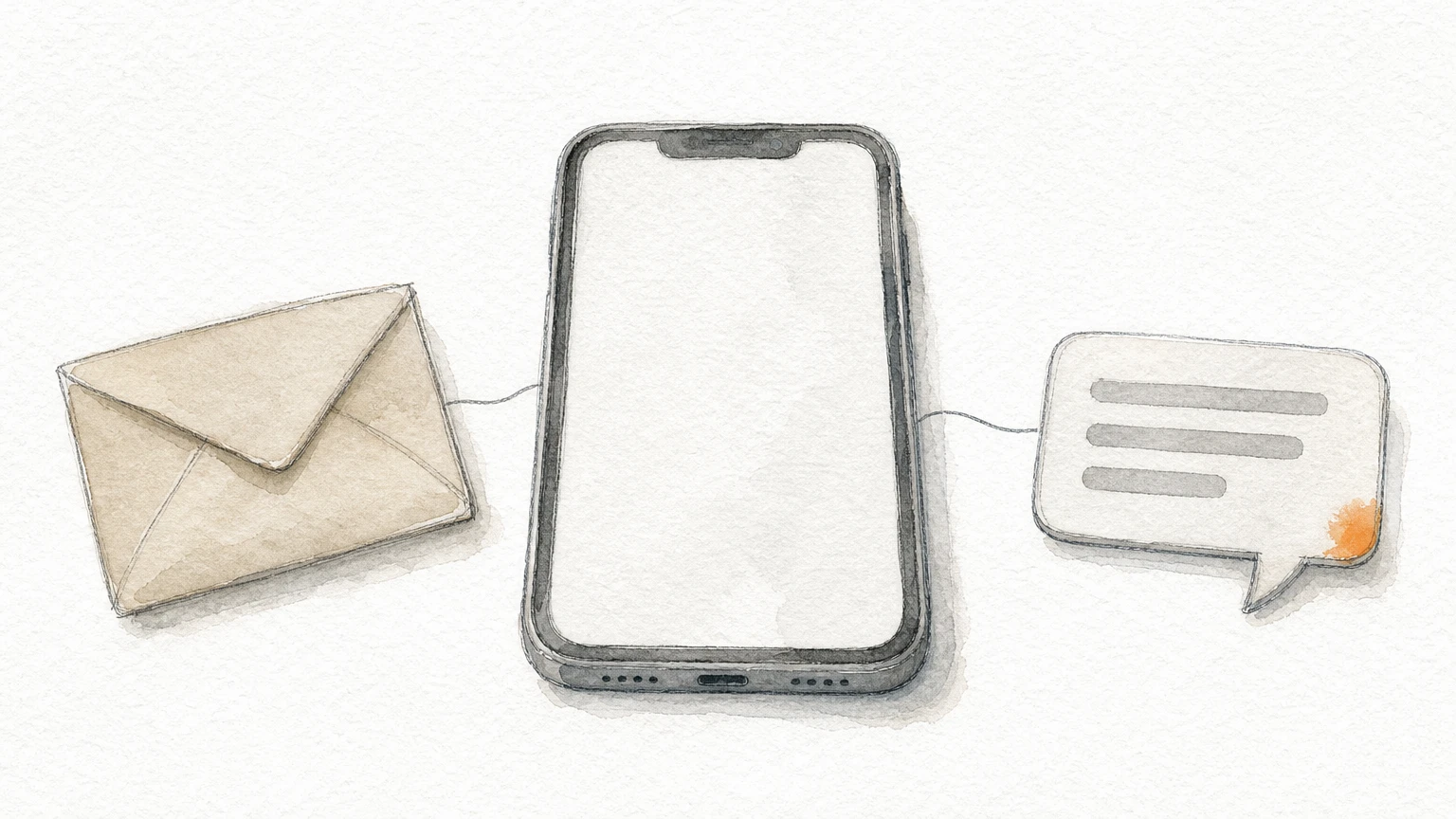 A phone, an envelope and a speech bubble sit in a row, connected by a line, showing email, SMS and push in one flow.