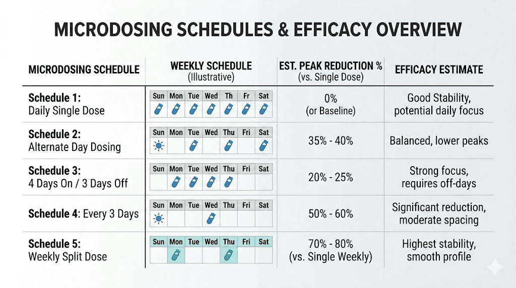 Retatrutide microdosing schedules comparison chart with peak reduction and efficacy data