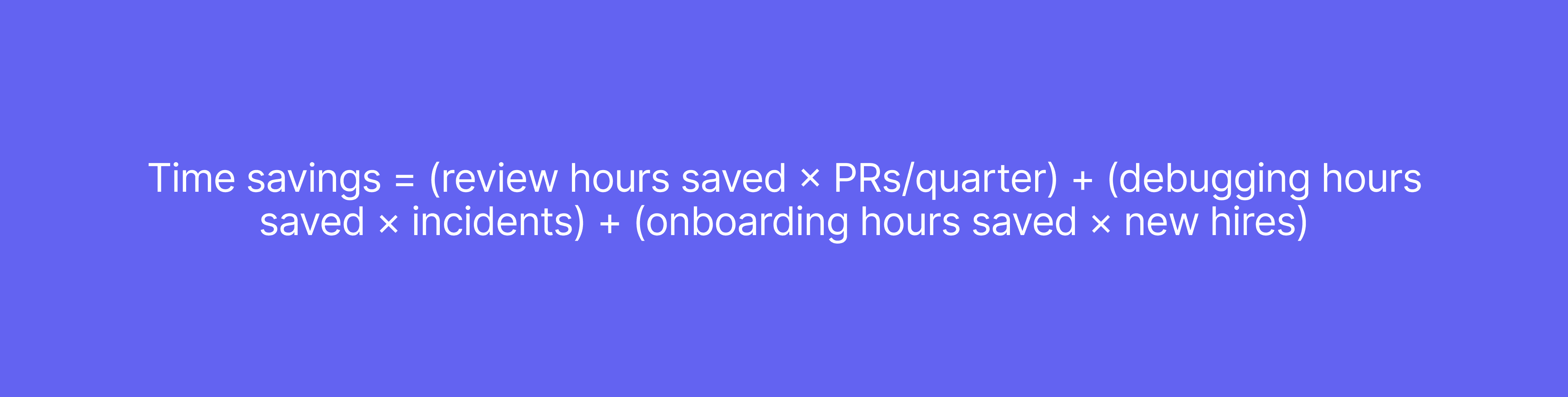 Time savings = (review hours saved × PRs/quarter) + (debugging hours saved × incidents) + (onboarding hours saved × new hires)