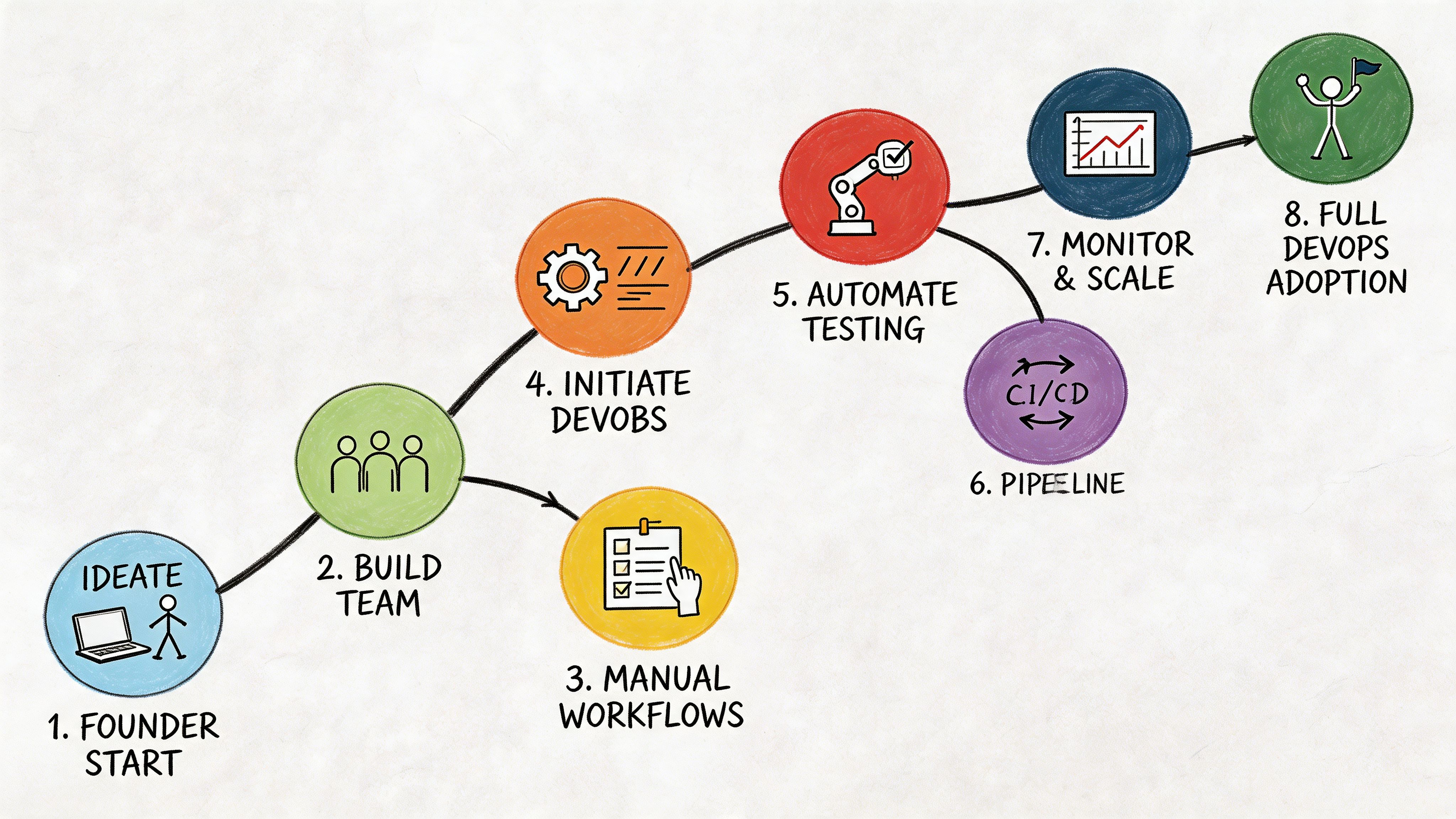 An illustrated roadmap showing the eight steps of DevOps adoption from startup to full implementation.
