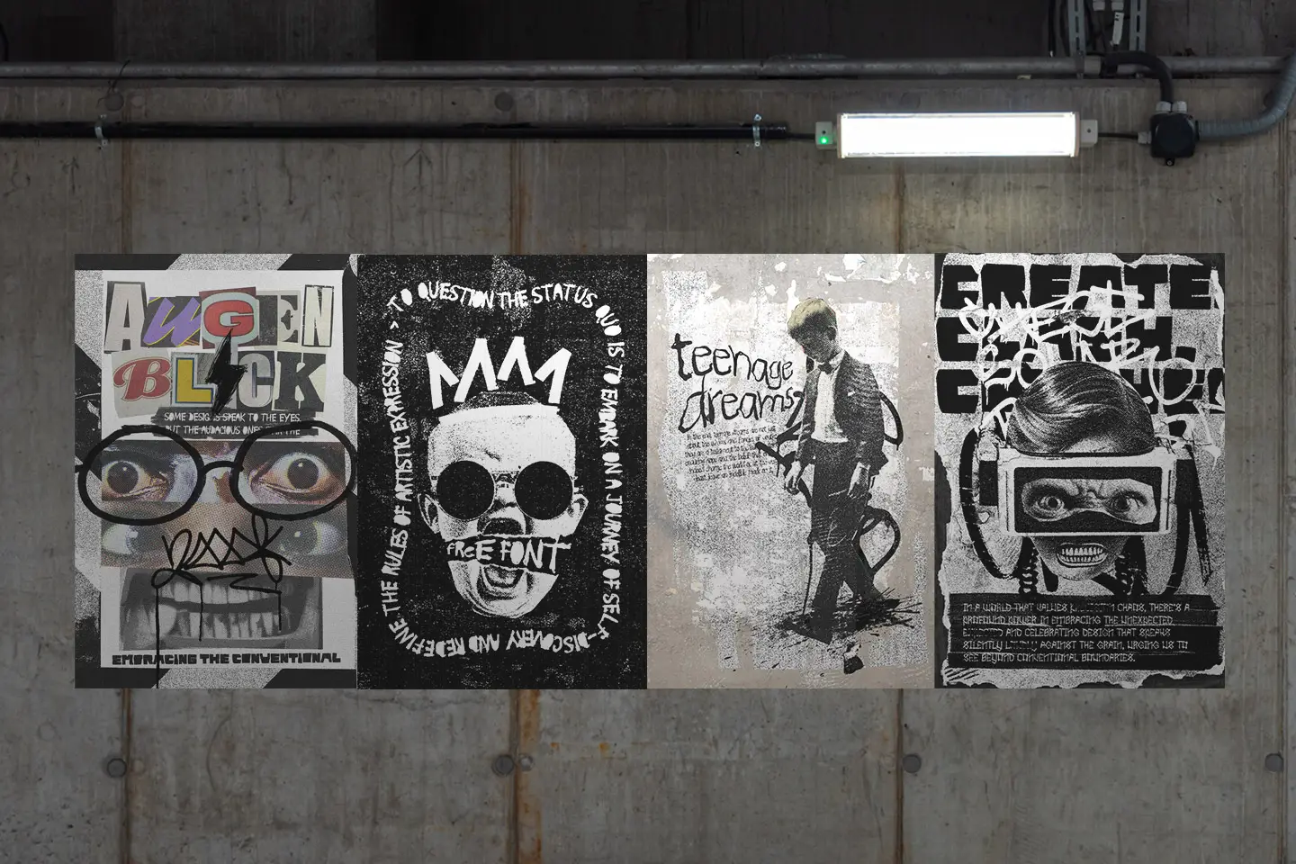 Artistic Toolkit 3 collage poster designs displayed on industrial urban wall