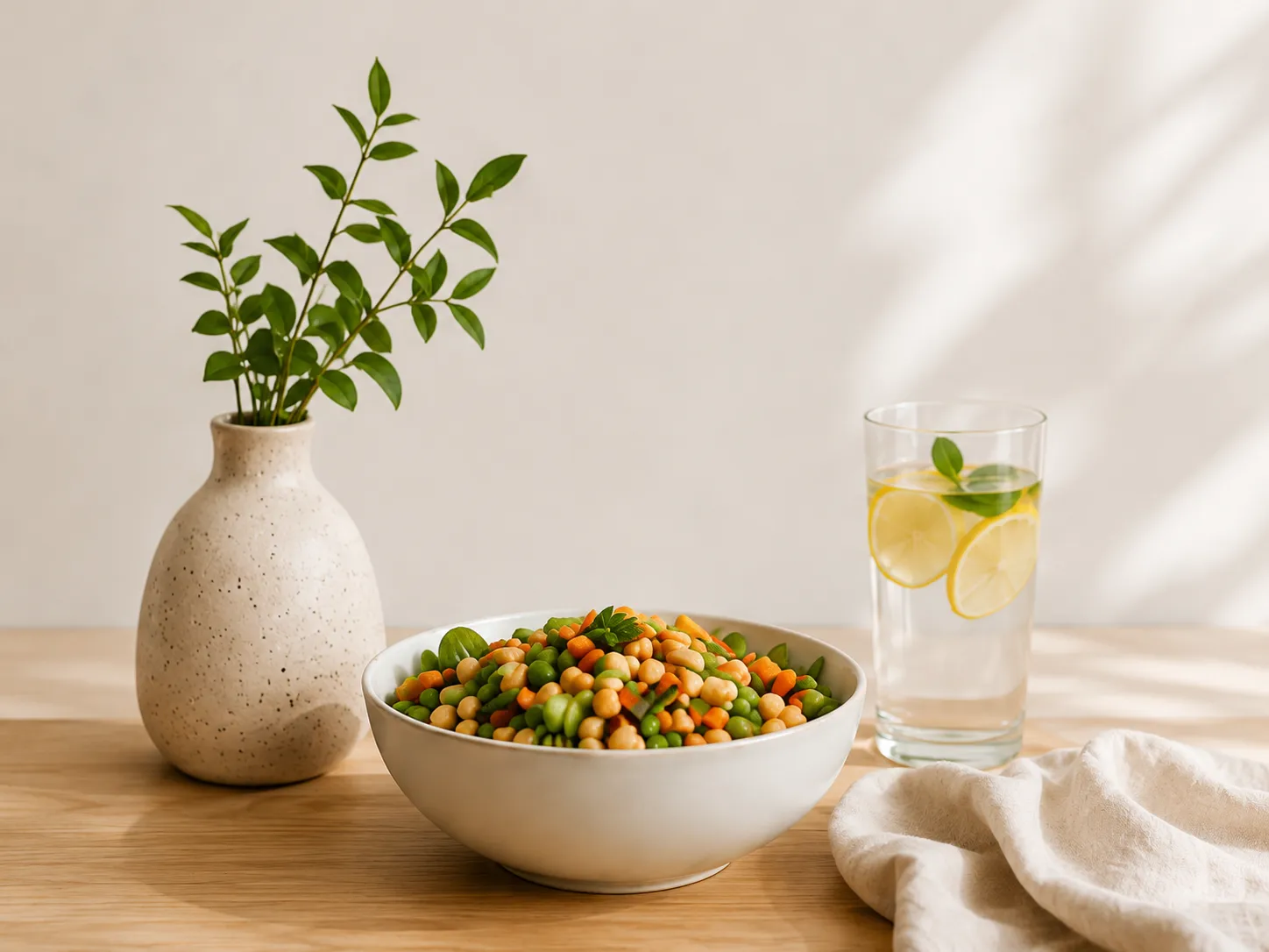 Bean and vegetable salad beside lemon water