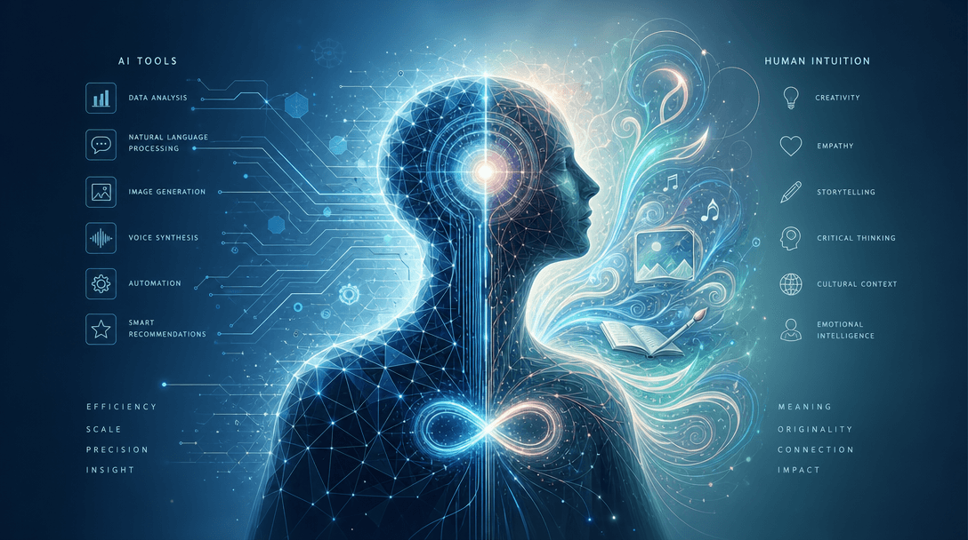 Abstract representation of human creativity boosted by AI, showing a blend of digital intelligence and human form.