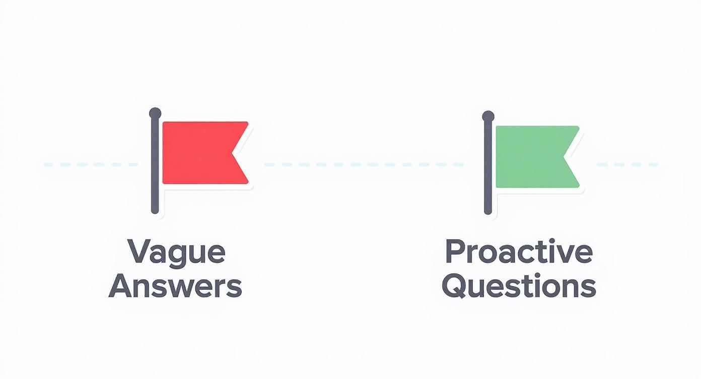 Red flag representing vague answers versus green flag representing proactive questions in developer interviews