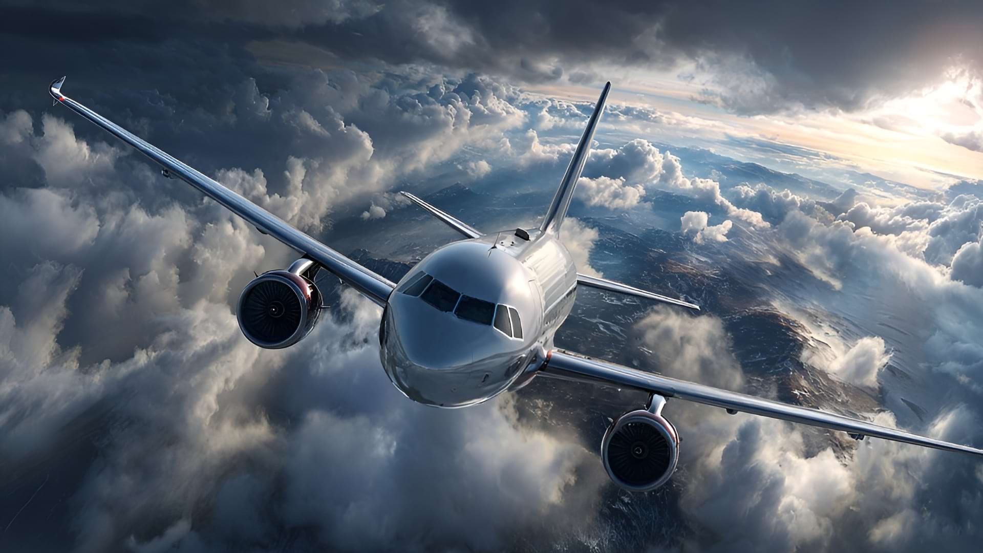 A commercial airplane soars through dramatic clouds with sunlit patches, conveying a sense of adventure and elevation above a distant landscape.