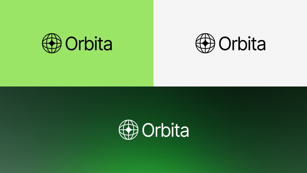 Three side-by-side logo variations: top left — black globe grid and “Orbita” on lime; top right — black globe grid and “Orbita” on white; bottom — white globe grid and “Orbita” on a dark green gradient.