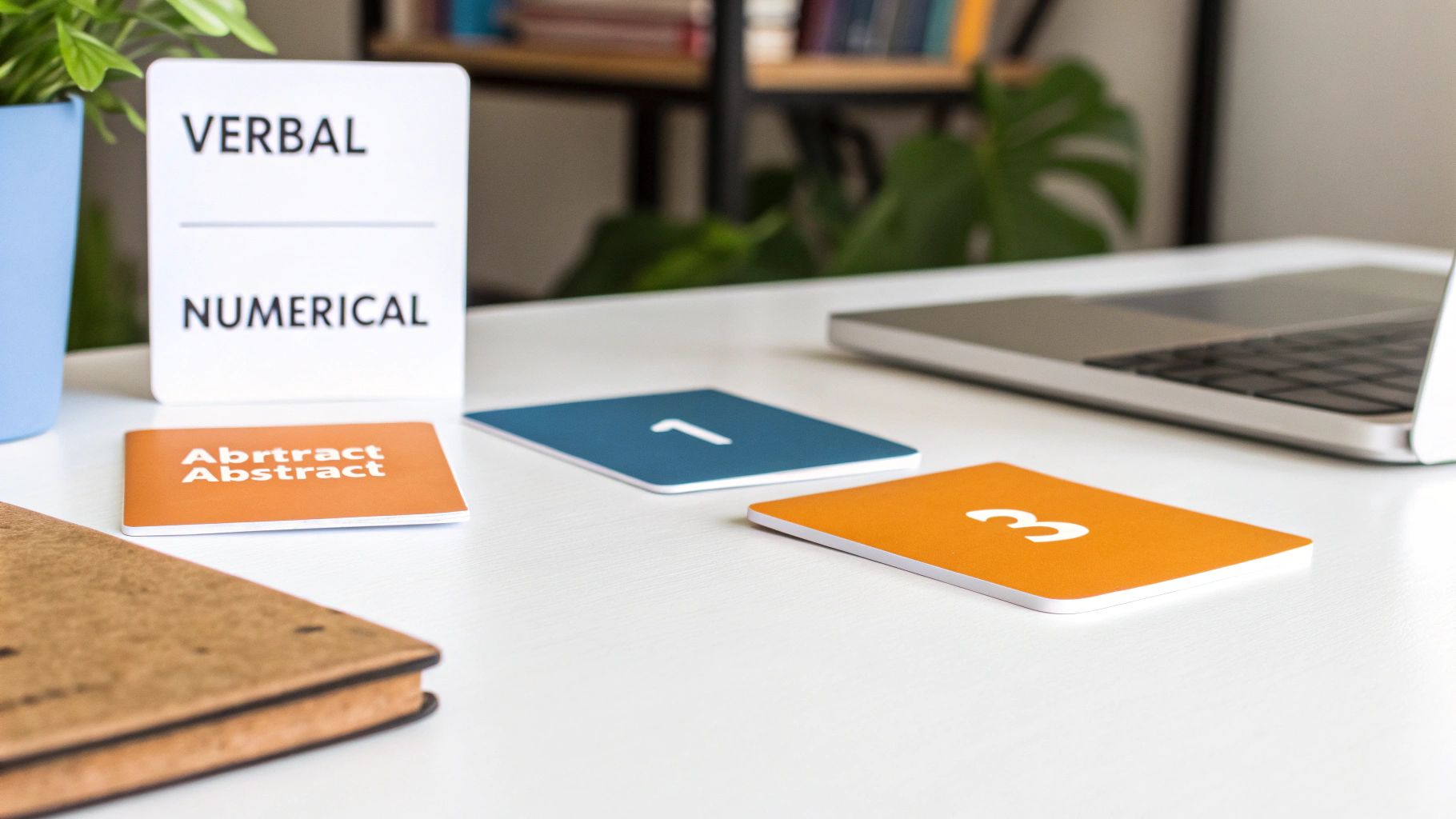 Cognitive assessment cards for verbal, numerical, and abstract skills arranged on a white desk with a laptop.