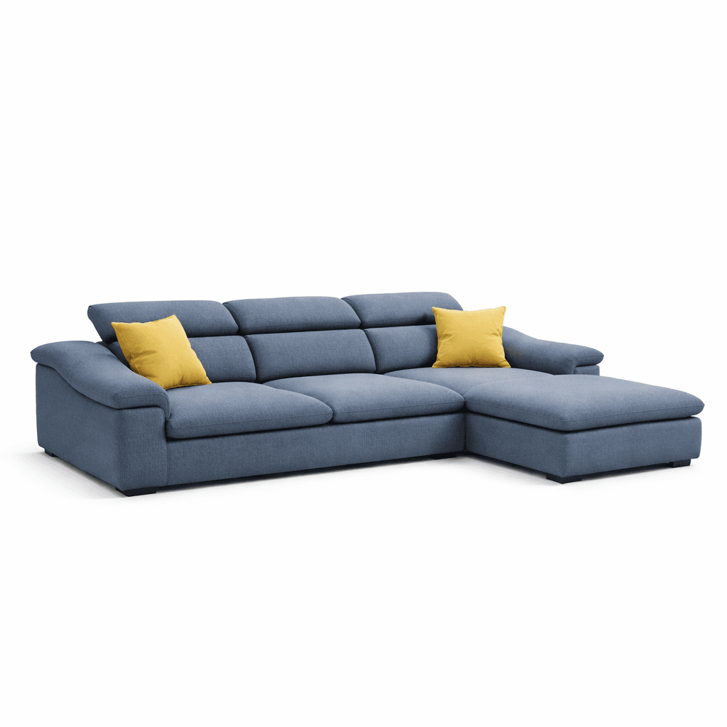 Deep blue curved sofa with generous seating and contemporary lounge appeal