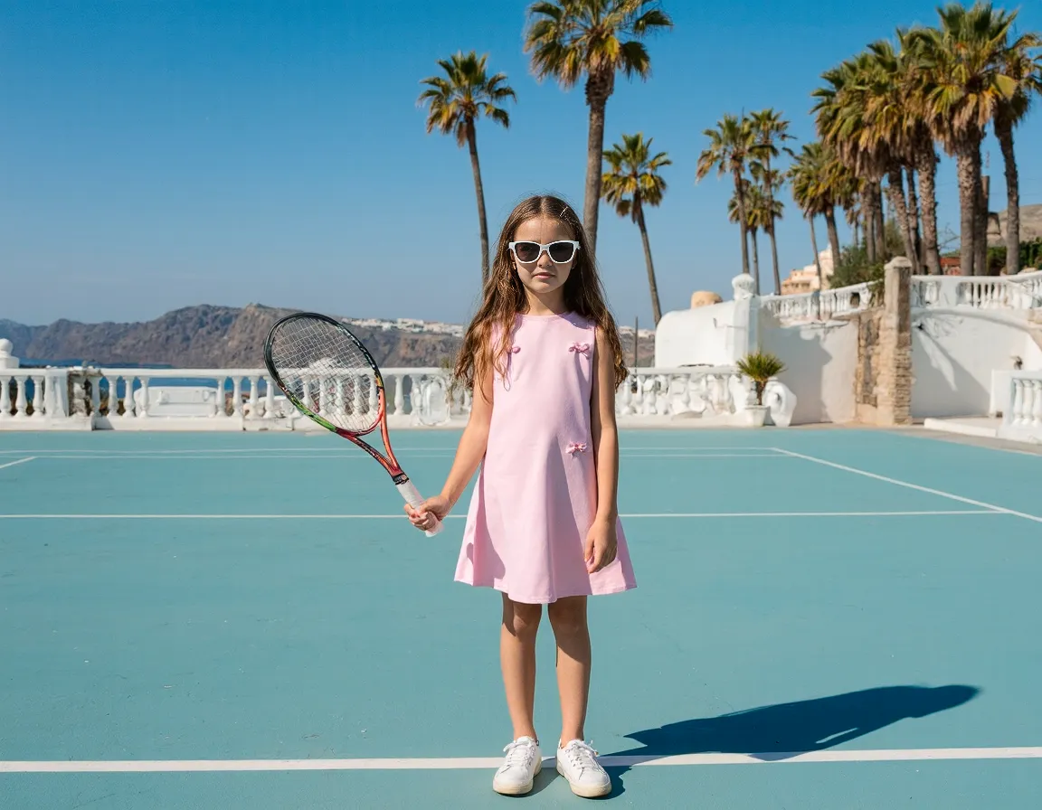 Tennis court scene with turquoise court, white balustrades and palm trees against coastal mountains with bright blue sky