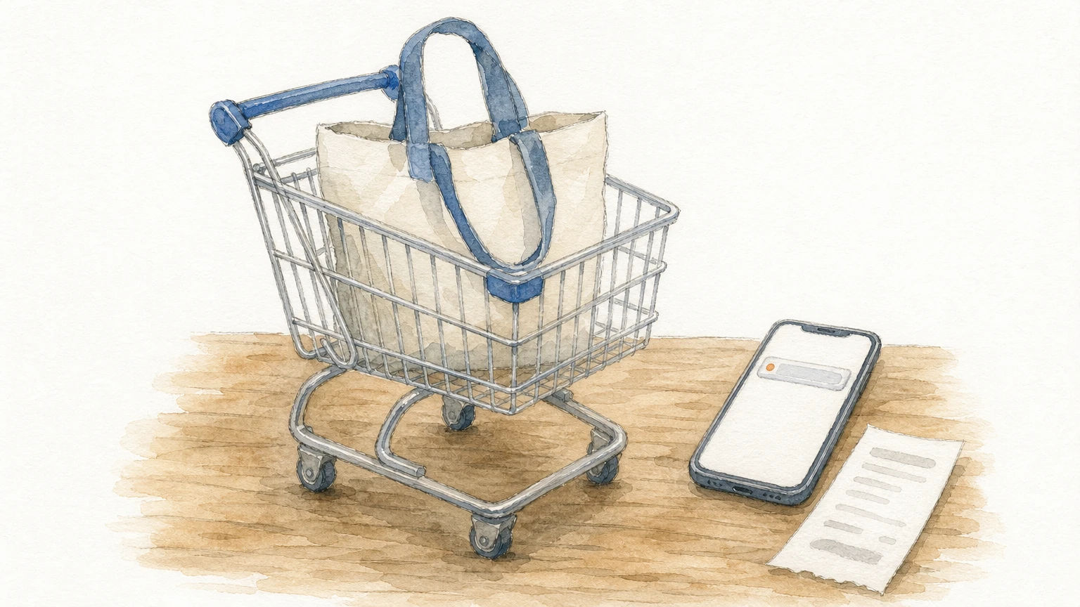 A shopping cart holding one bag beside a smartphone with a notification, suggesting an abandoned purchase.