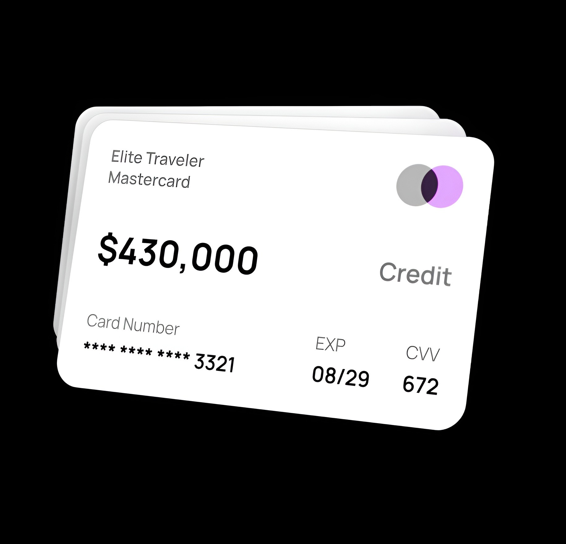 Credit card mockup displaying $430,000 balance and masked card details