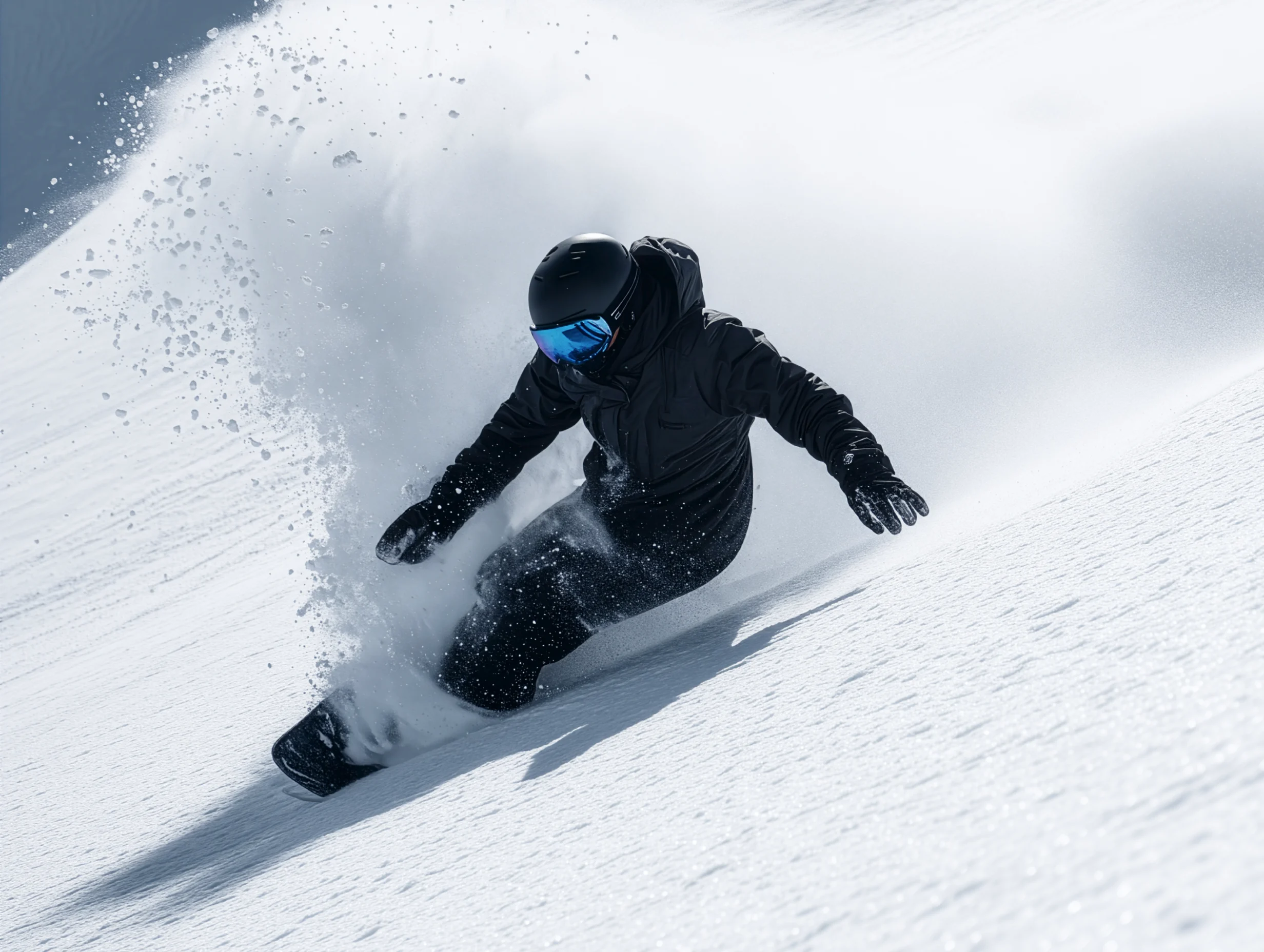 Snowboarder turning on a snowy slope wearing winter gear and goggles