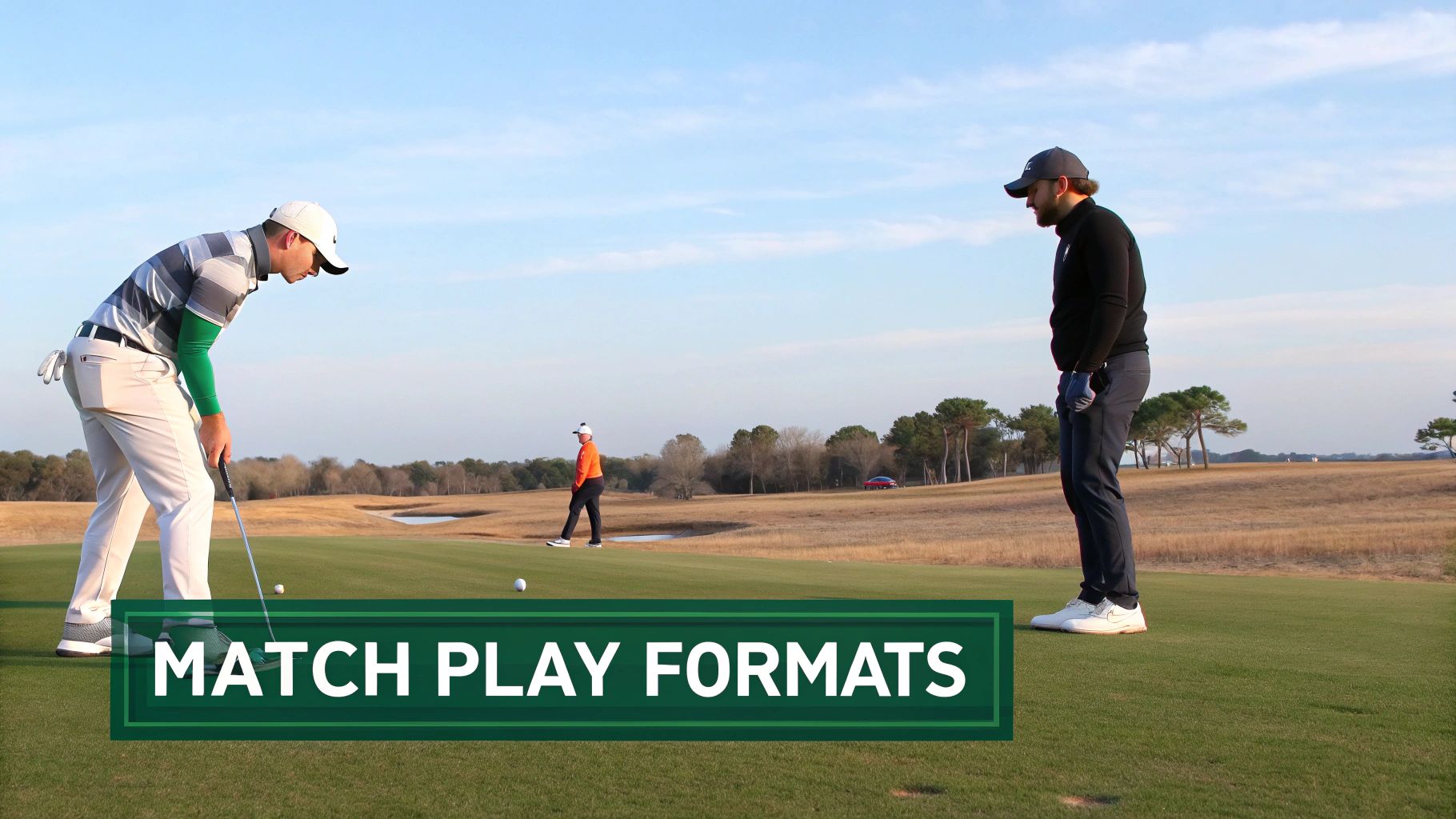 Golfers on a sunny course with one putting, featuring 'MATCH PLAY FORMATS' title.