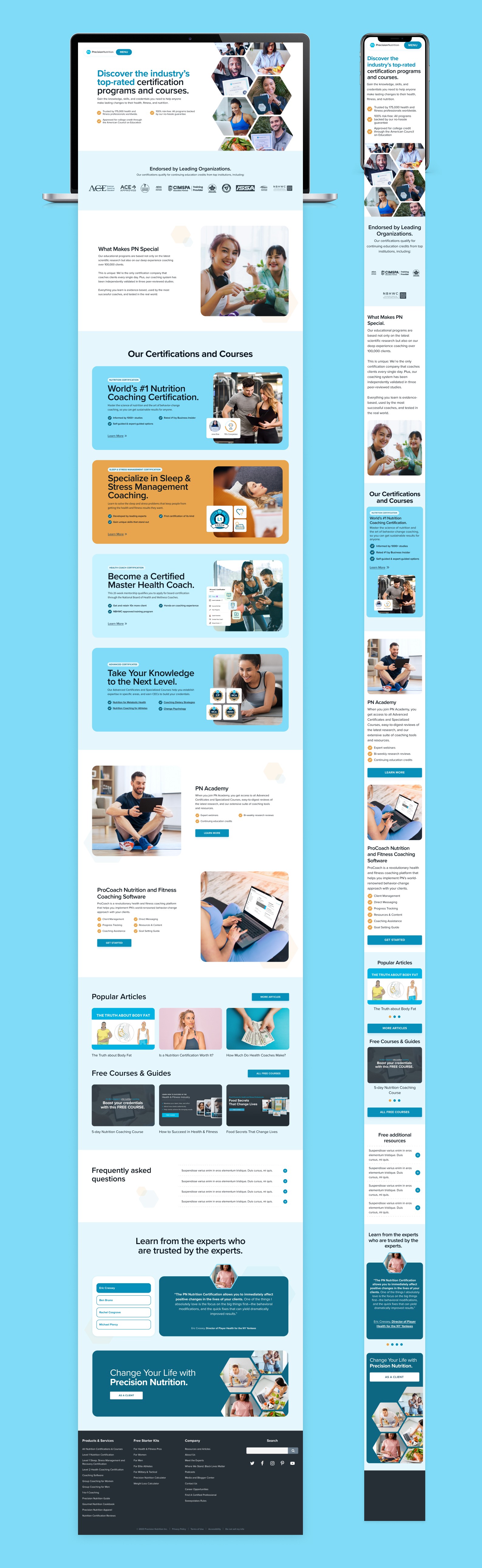 Precision Nutrition coaches page design desktop and mobile