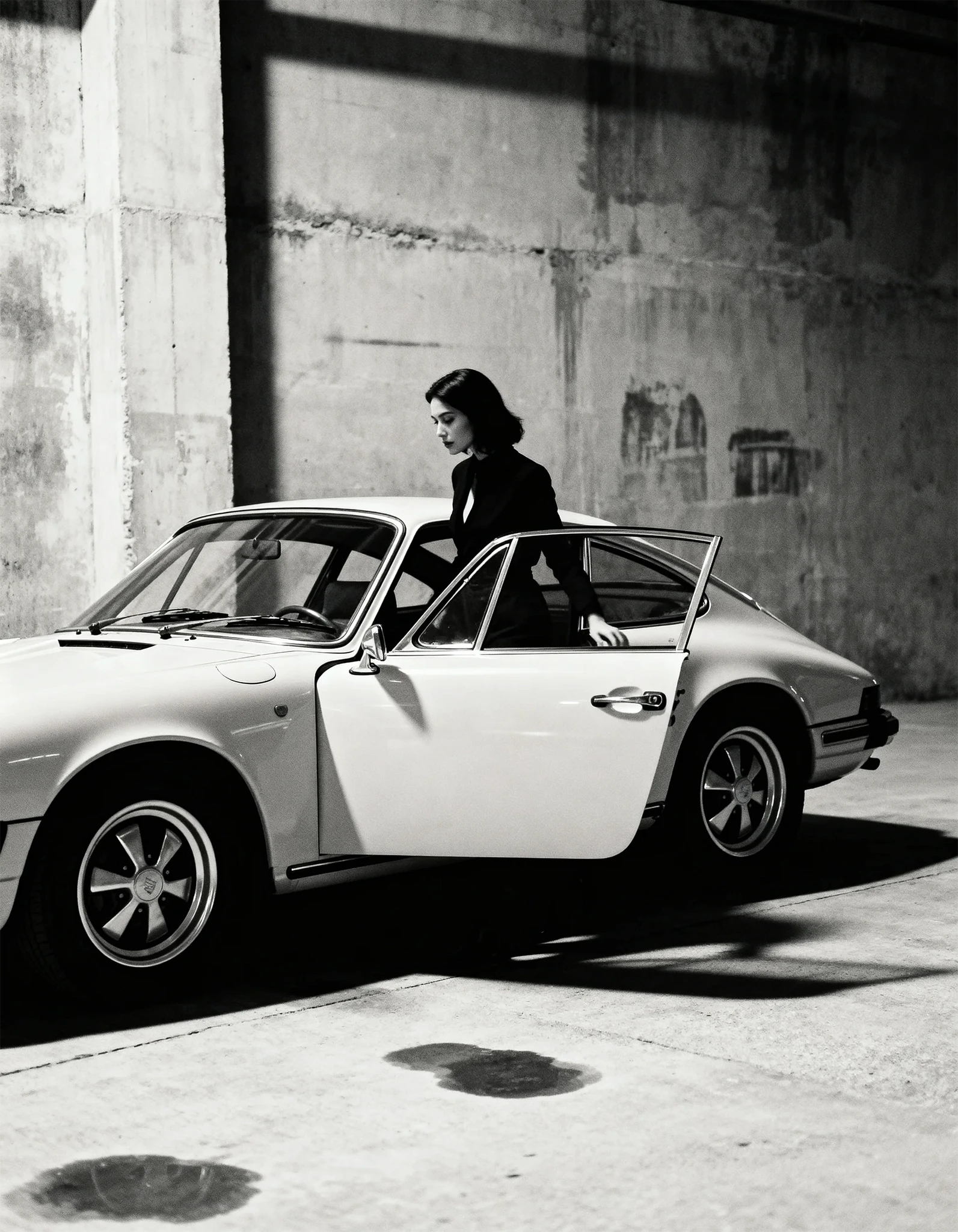 An elegant woman stepping into a classic Porsche 911