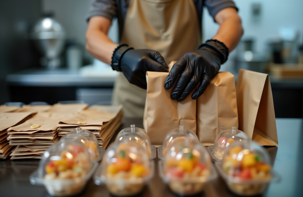 Como administrar um restaurante delivery: colaborador embala os pedidos para fazer a entrega.