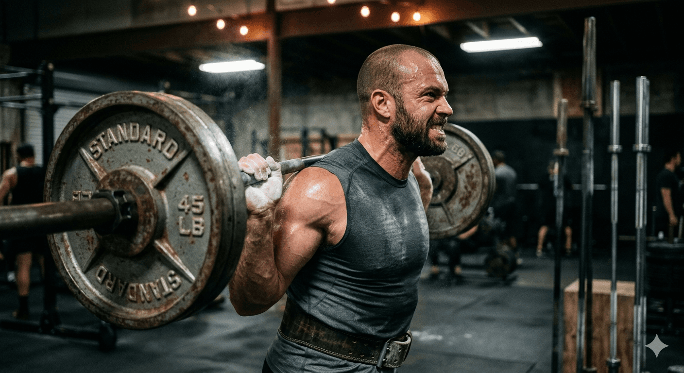 Sweaty muscular bearded man grimacing while lifting heavy barbell on shoulders in gym.