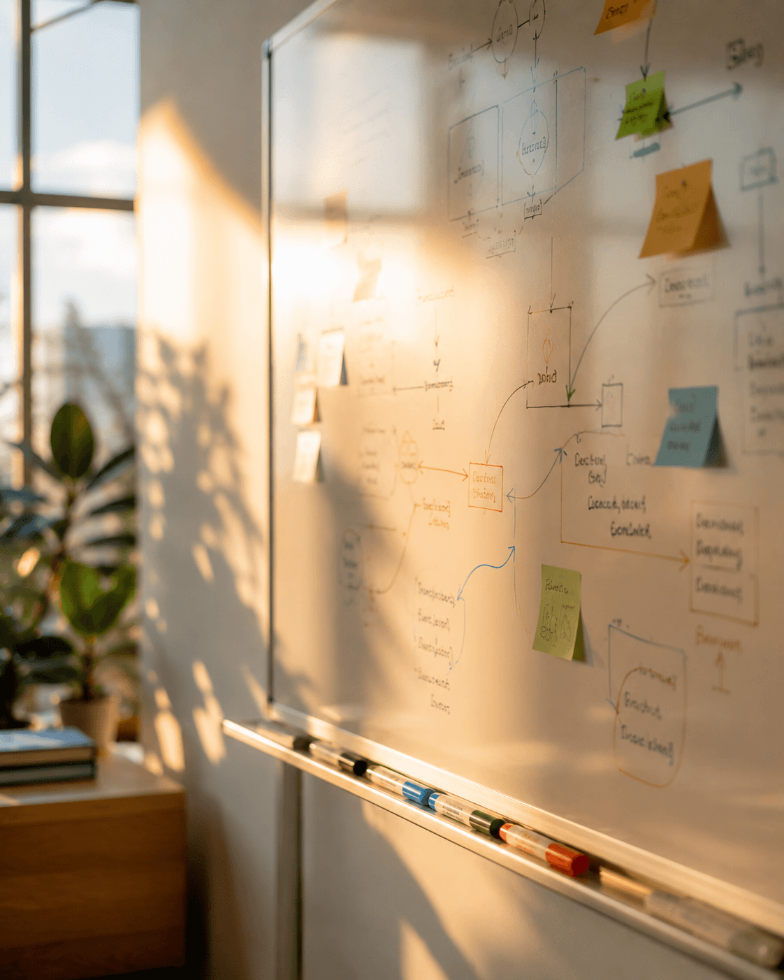 Close-up of a whiteboard covered with a colorful strategy planning diagram