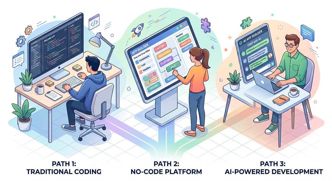 Illustration showing three approaches to building apps: traditional coding, drag-and-drop, and AI conversation