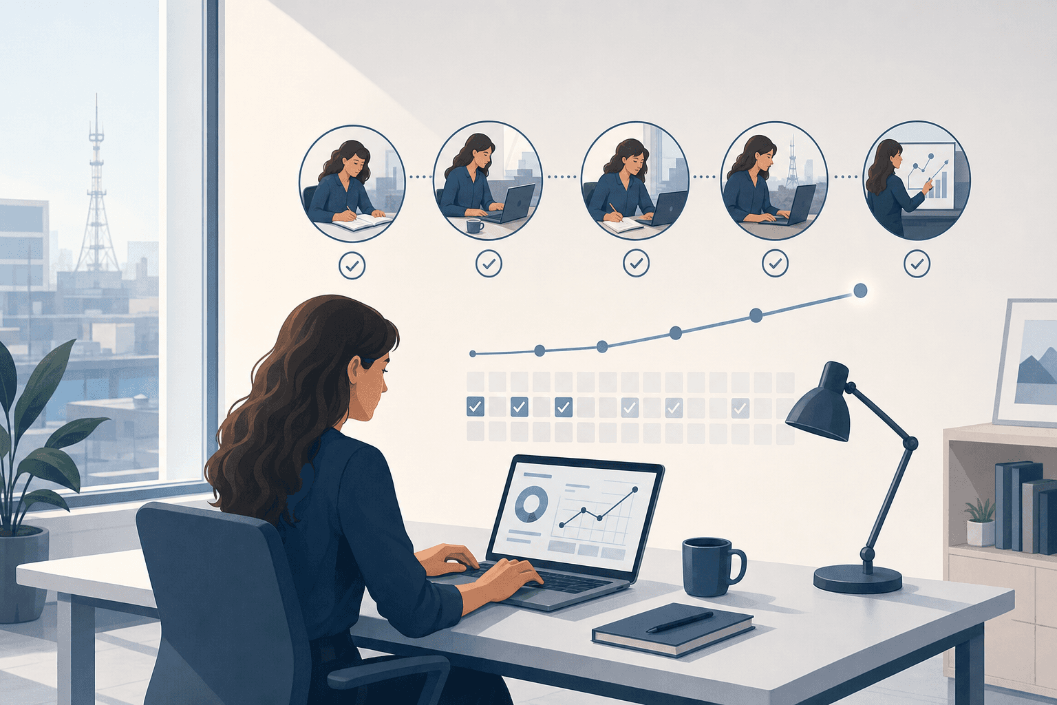 A clean, modern illustration showing the concept of effective skill development and practice in context. The scene features a professional applying newly learned skills in a real work environment, with visual elements suggesting repetition over time (like subtle calendar markers or progress indicators) and immediate application. Use a minimal color palette with blues and grays, professional workspace setting, showing the connection between learning and doing. The illustration should convey active practice and skill application without any text or labels.