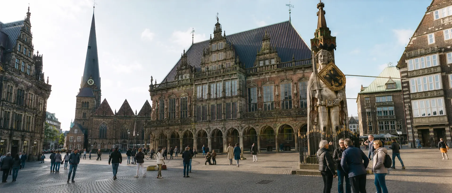Bremer Marktplatz mit Rathaus, Rolandstatue und historischer Architektur im Tageslicht