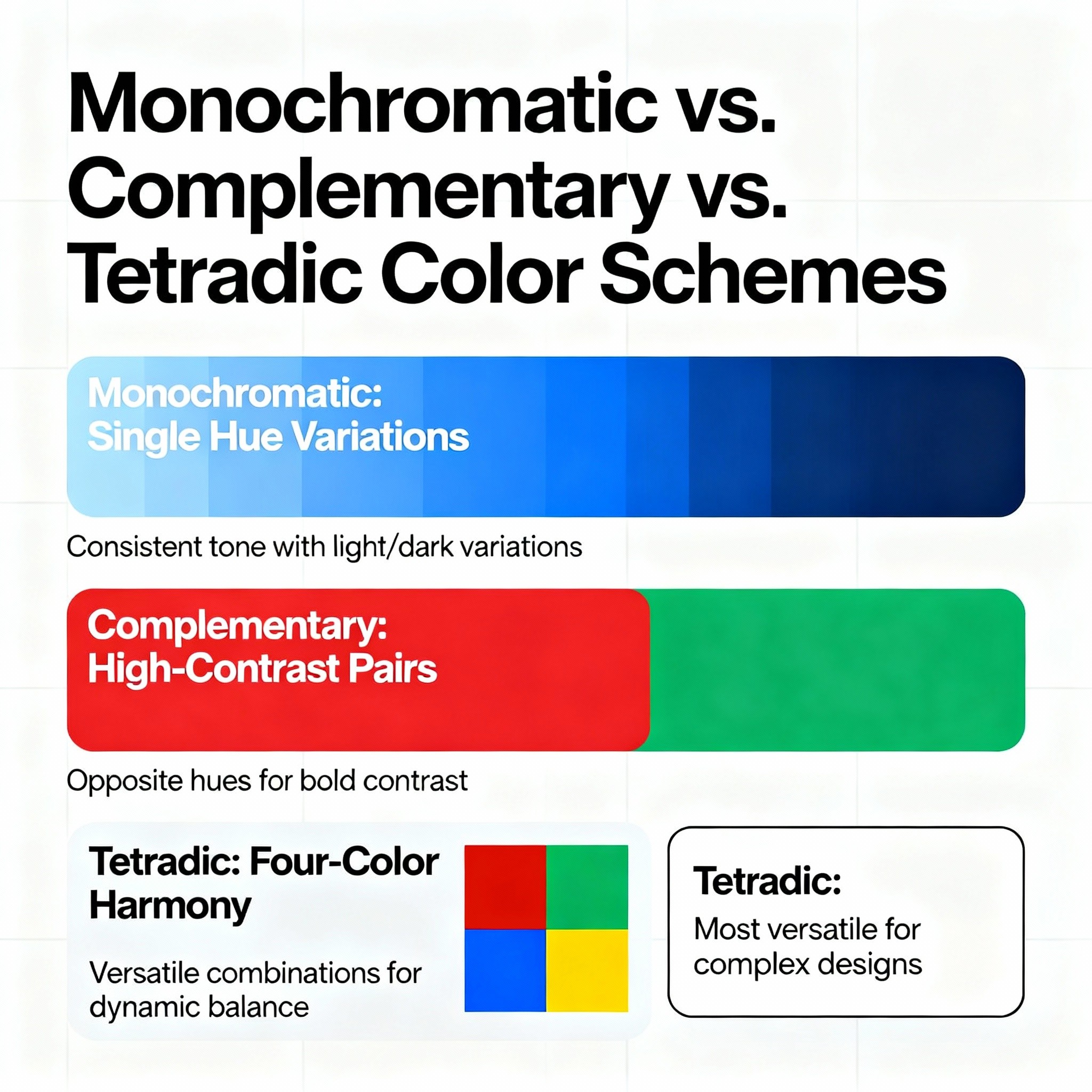 Comparison graphic showing monochromatic, complementary, and tetradic color schemes, with examples of single-hue variations, high-contrast complementary pairs, and four-color harmony for complex UI/UX designs.