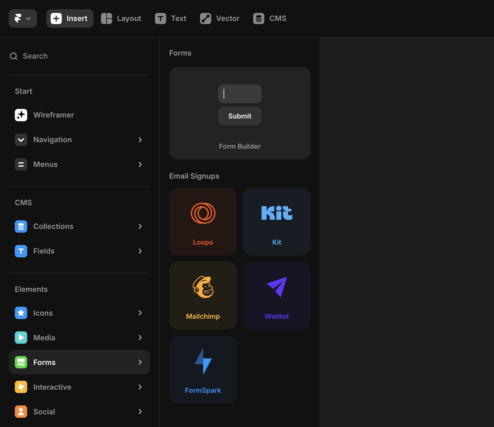 插入面板中表单菜单的截图，展示不同的表单选项。
