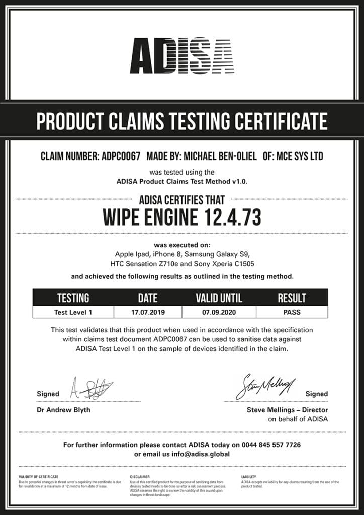 mce ADISA Wipe certificate