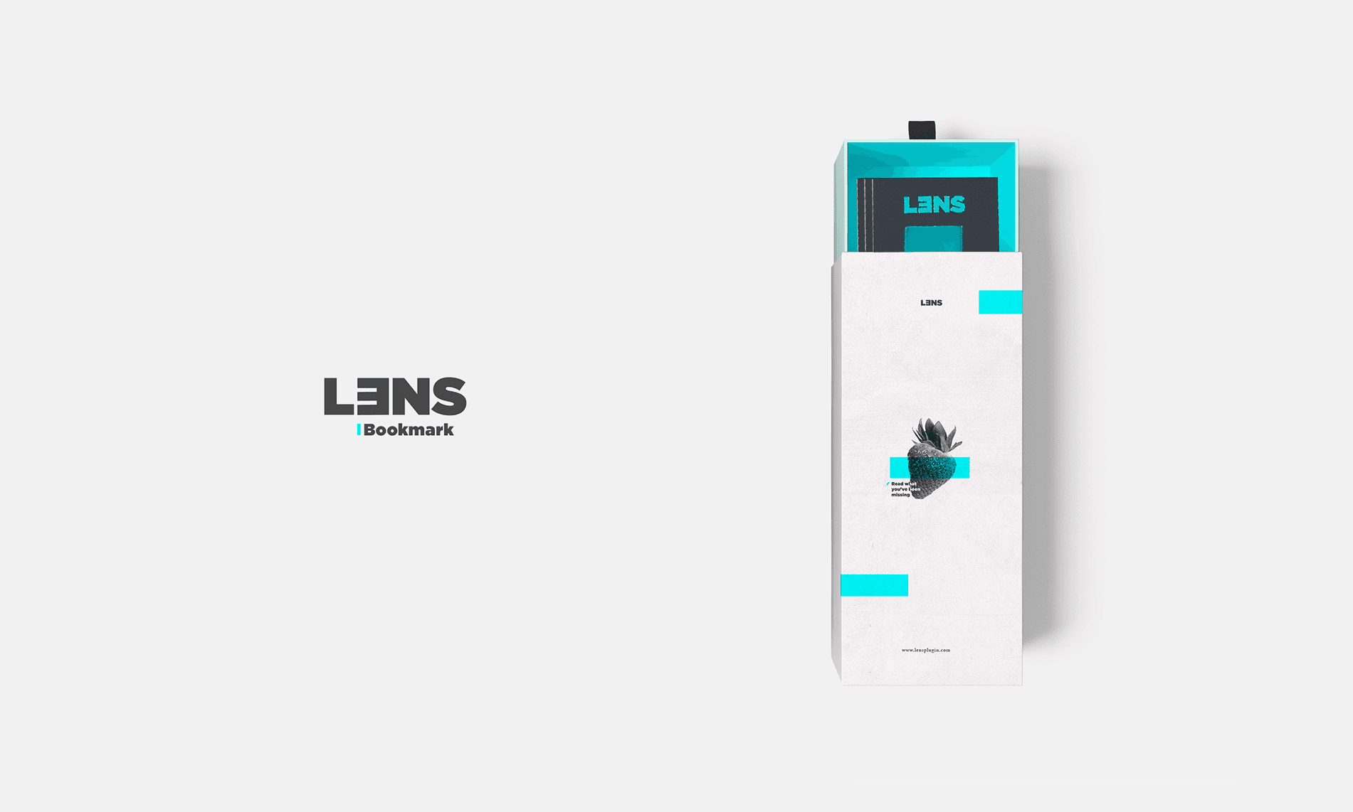 A white rectangular box with teal accents on the top and bottom edges contains a black book titled “LENS” with the word “LENS” displayed in white text on the spine. The box also features a black stylized strawberry graphic on the front. The word “LENS Bookmark” appears in black text to the left of the box. The background is light gray.