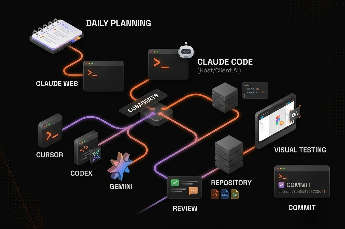 A flowchart illustrates a tech workflow starting with daily planning on a notepad, moving through "Claude Web" and "Claude Code" modules, and branching into subsystems like "Cursor," "Codex," and "Gemini," eventually leading to visual testing, a repository, review, and ending with a commit action, all against a dark background.