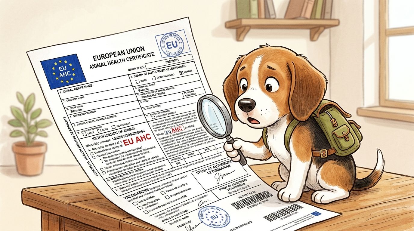 A cute cartoon beagle puppy with a backpack examines a European Union pet travel health certificate.