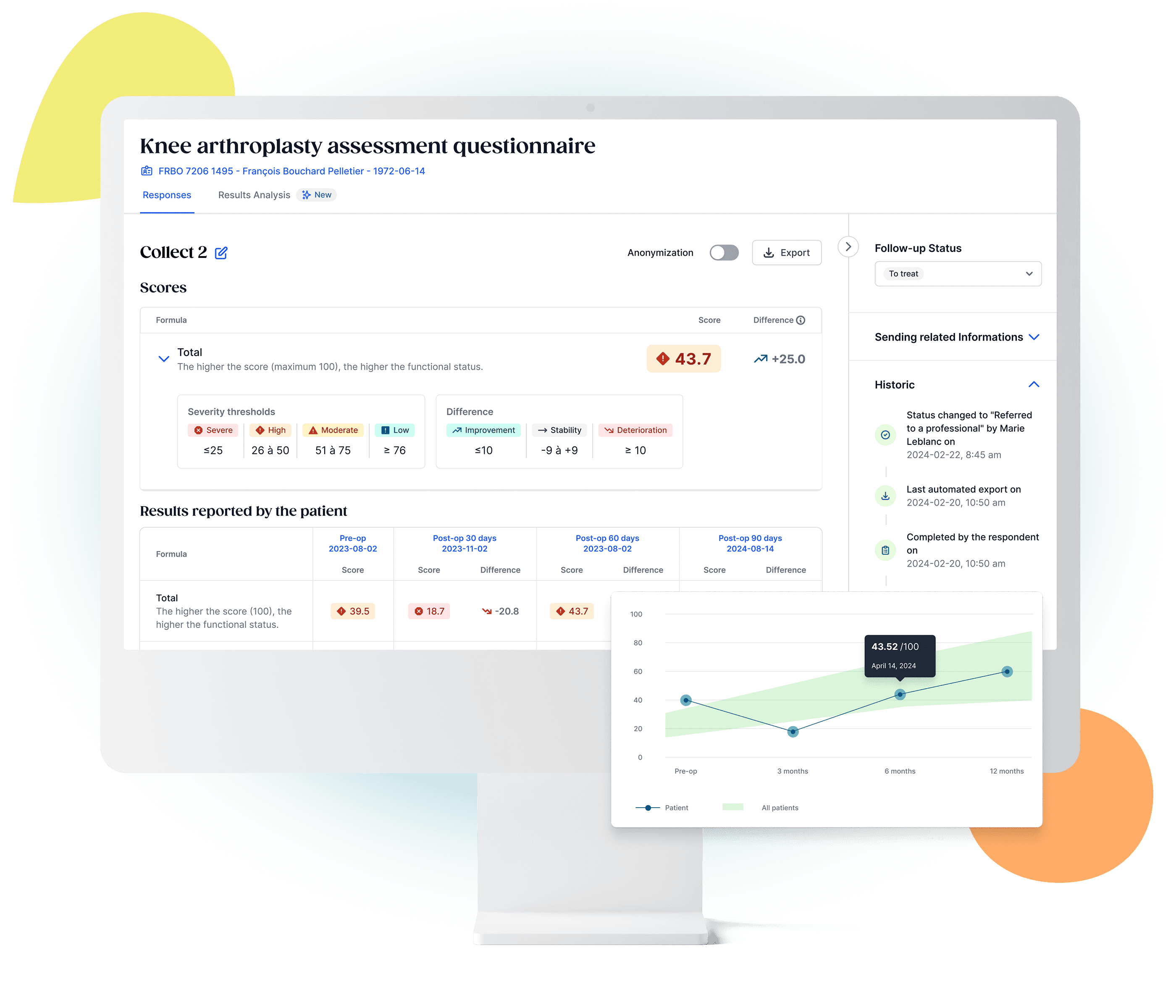 Knee arthroplasty assessment survey displayed on a computer screen showing patient data and a progress chart.