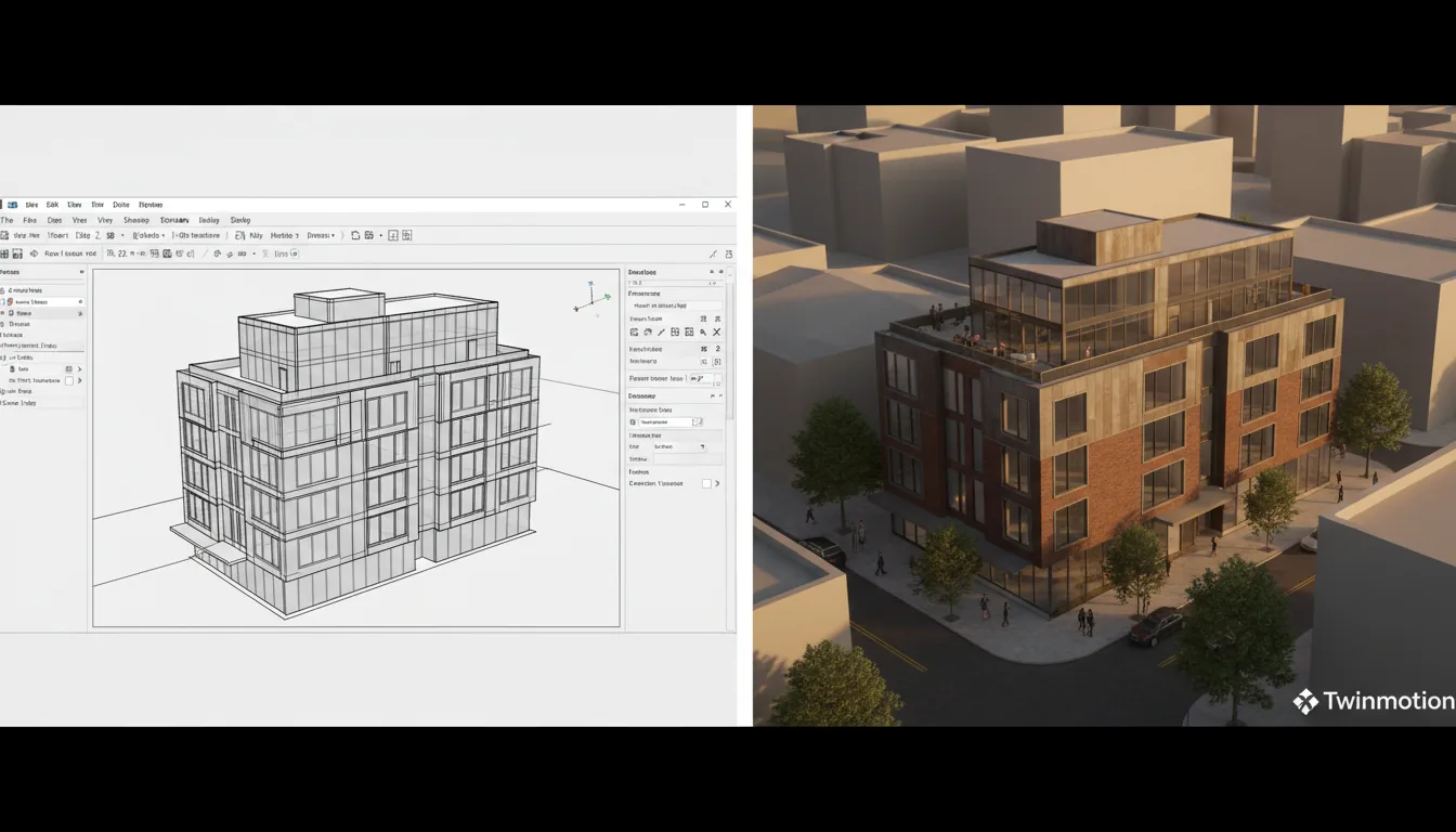 Split-screen view comparing architectural design stages. On the left, the user interface of a CAD software like Autodesk Revit, in clean light mode, displaying a technical 3D model of a modern building with simplified shading and visible edges; the interface has a top ribbon toolbar and side panels with UI elements and abstracted text lines. On the right, a high-angle, photorealistic 3D architectural visualization of the same building within a city block, rendered in Twinmotion. The scene features detailed brick and metal textures, with warm late-afternoon sunlight casting long, soft shadows. Miniature figures of people are visible on the sidewalks and rooftop terraces.