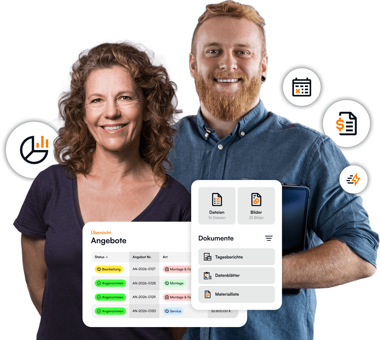 Büro-Angestellte eines Handwerksbetrieb mit Screenshots einer individuellen Handwerkersoftware