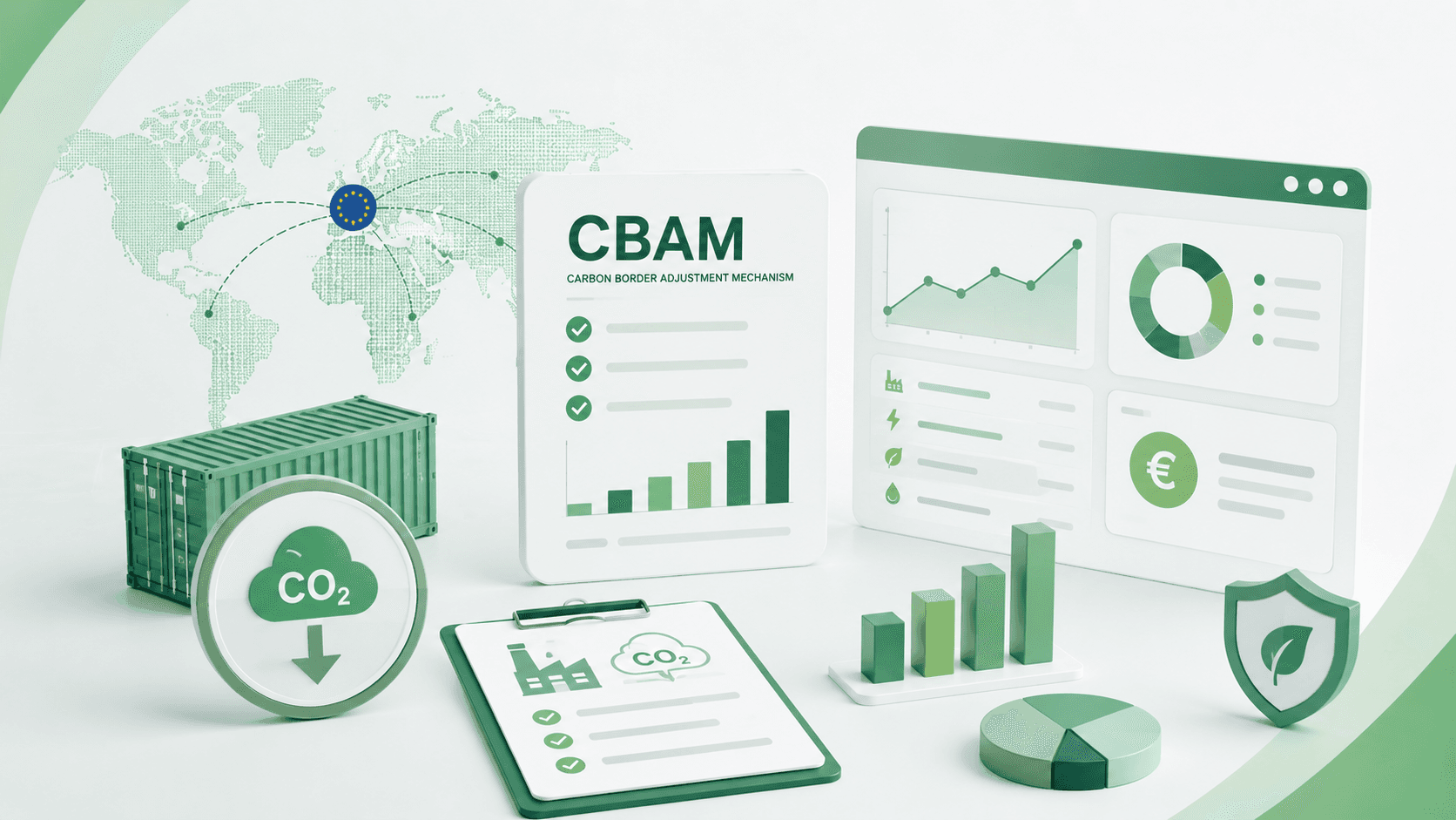 Cover image for an article about CBAM, showing a compliance dashboard, shipping container, CO₂ icons, emissions charts and international trade flow map on a light background with green accents.