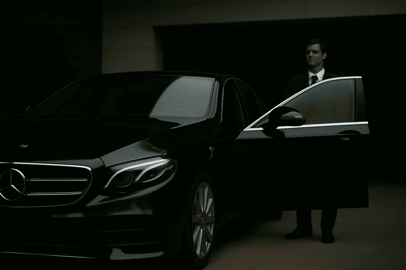  Professional chauffeur standing beside a luxury black car, offering executive transport service.