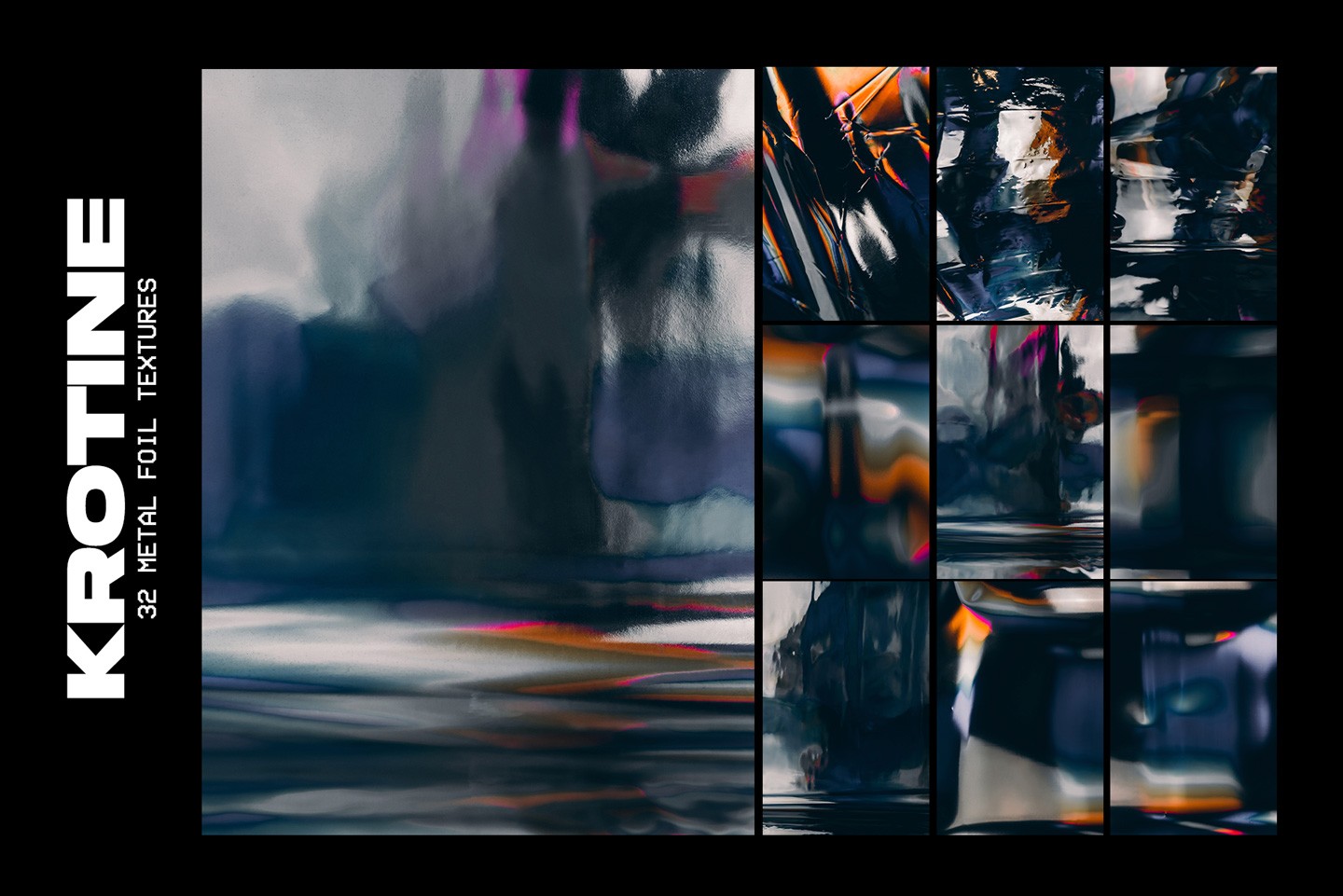 Collection of thirty two metal foil textures with iridescent color reflections and distorted liquid metal surfaces