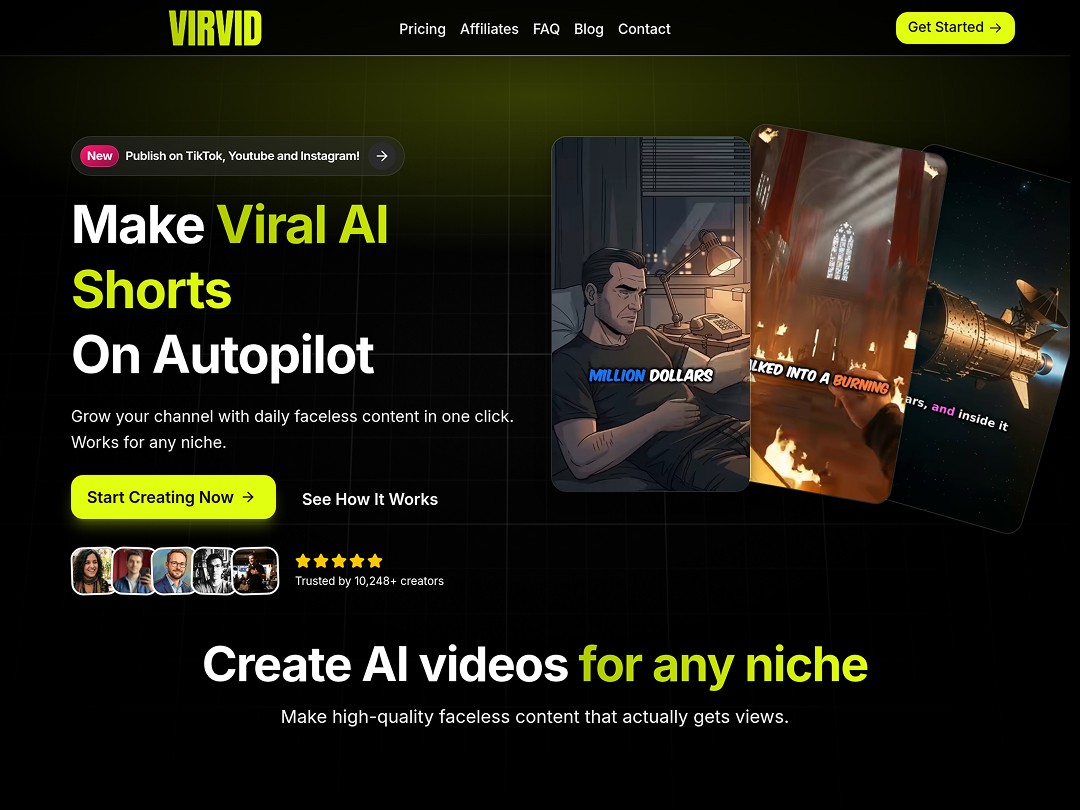 Text promoting automated AI video shorts for varied niches.