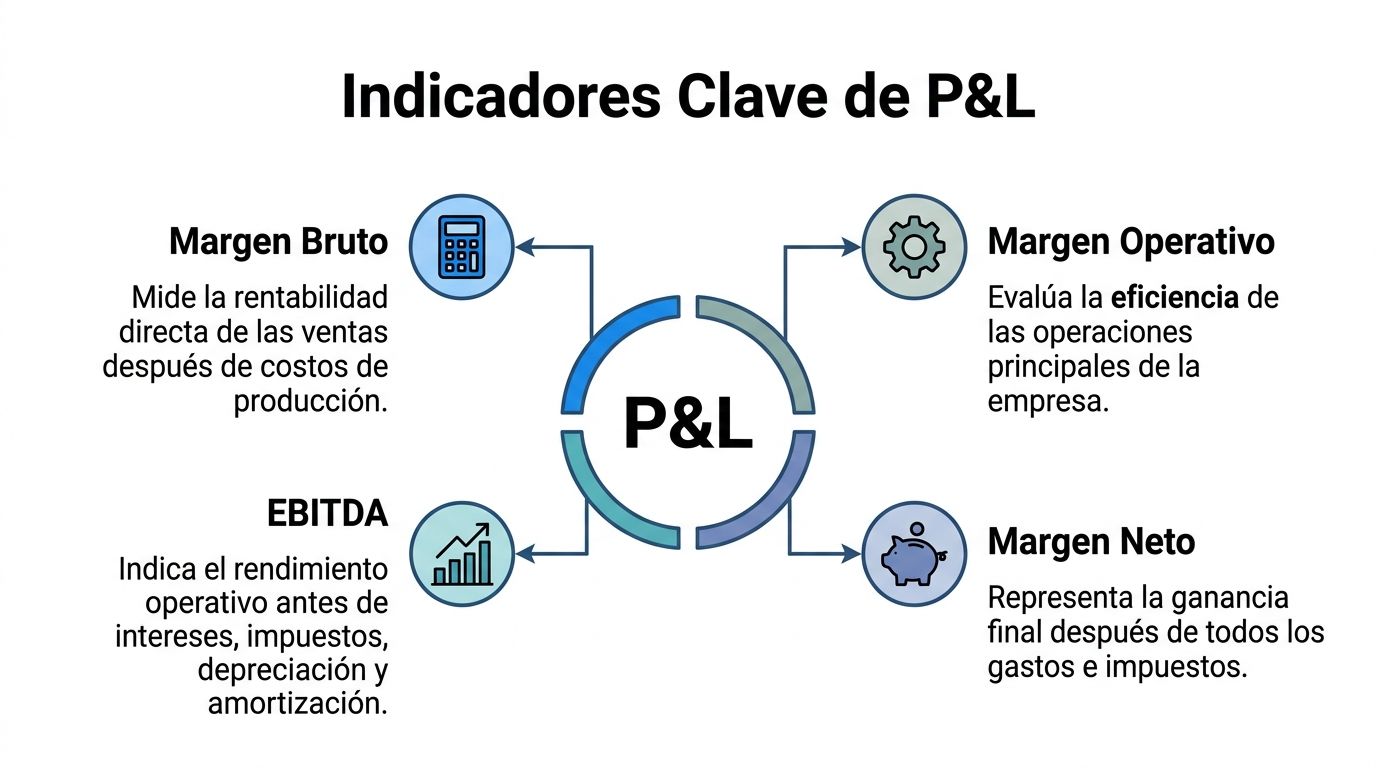 Infografía sobre indicadores clave de P&L: margen bruto, margen operativo, EBITDA y margen neto explicados brevemente.