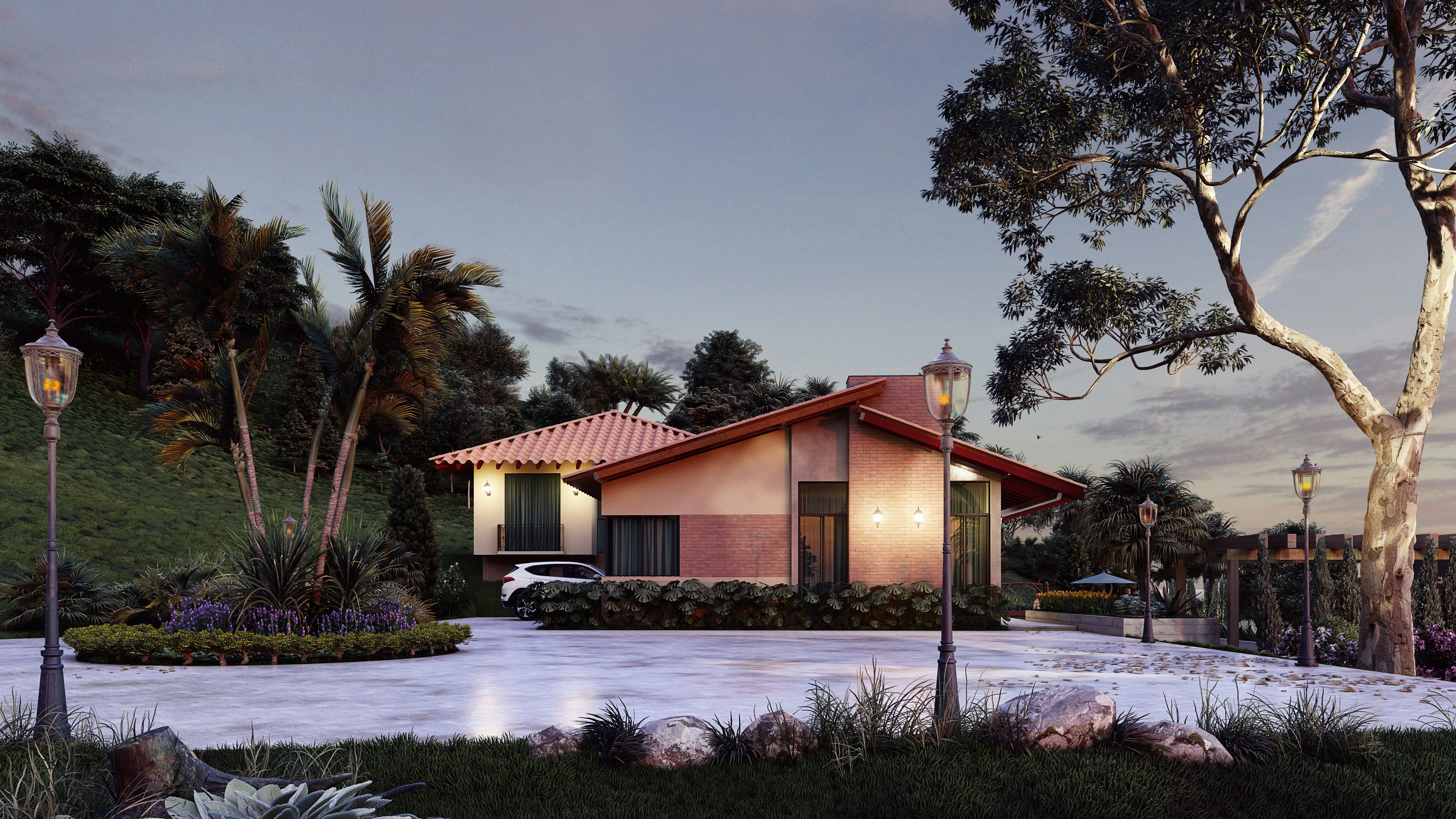 Evening Lumion render of a landscaped residential exterior with warm lights, trees, and a driveway view