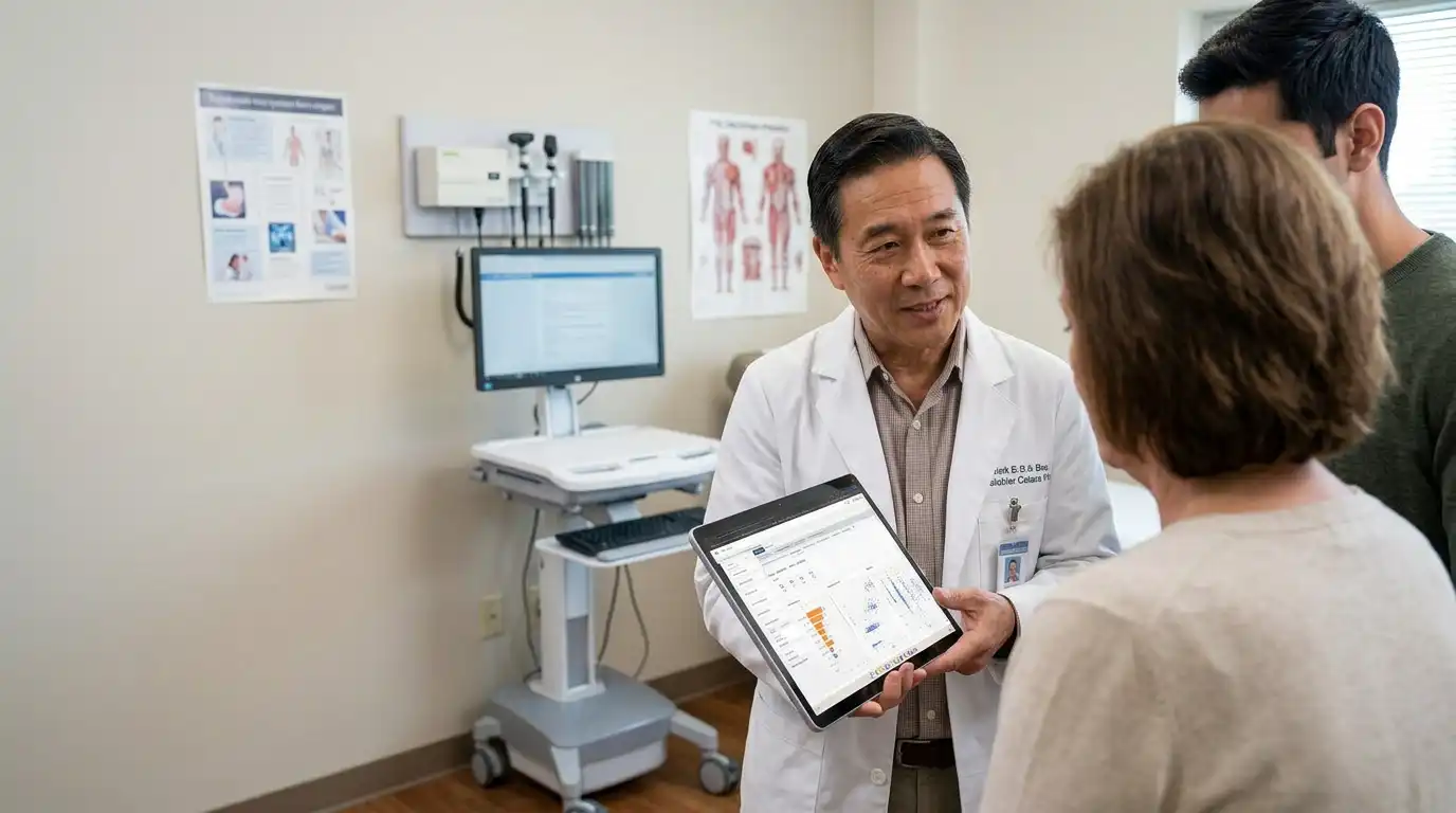 Physician holding a tablet while talking with two patients in an exam room