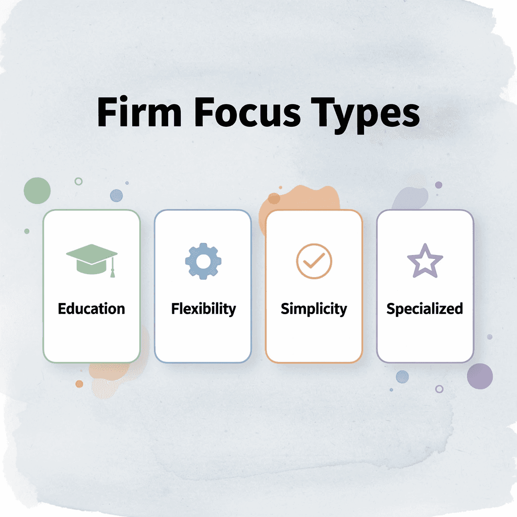 Infographic showing four types of prop firm focuses
