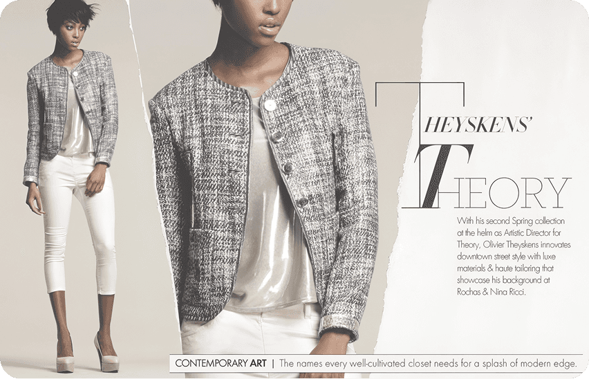 Neiman Marcus editorial featuring Theory spring collection with model in gray tweed jacket and white pants