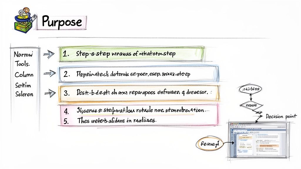 Hand-drawn diagram titled 'Purpose' showing a numbered list of steps, a flowchart, and a computer screen.