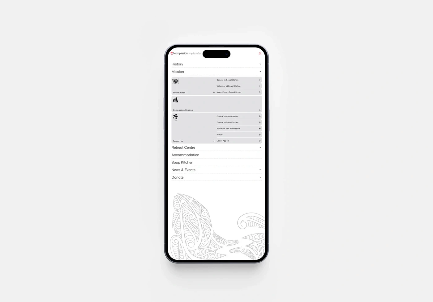 Smartphone mockup showing the Compassion website’s expanded mobile navigation.