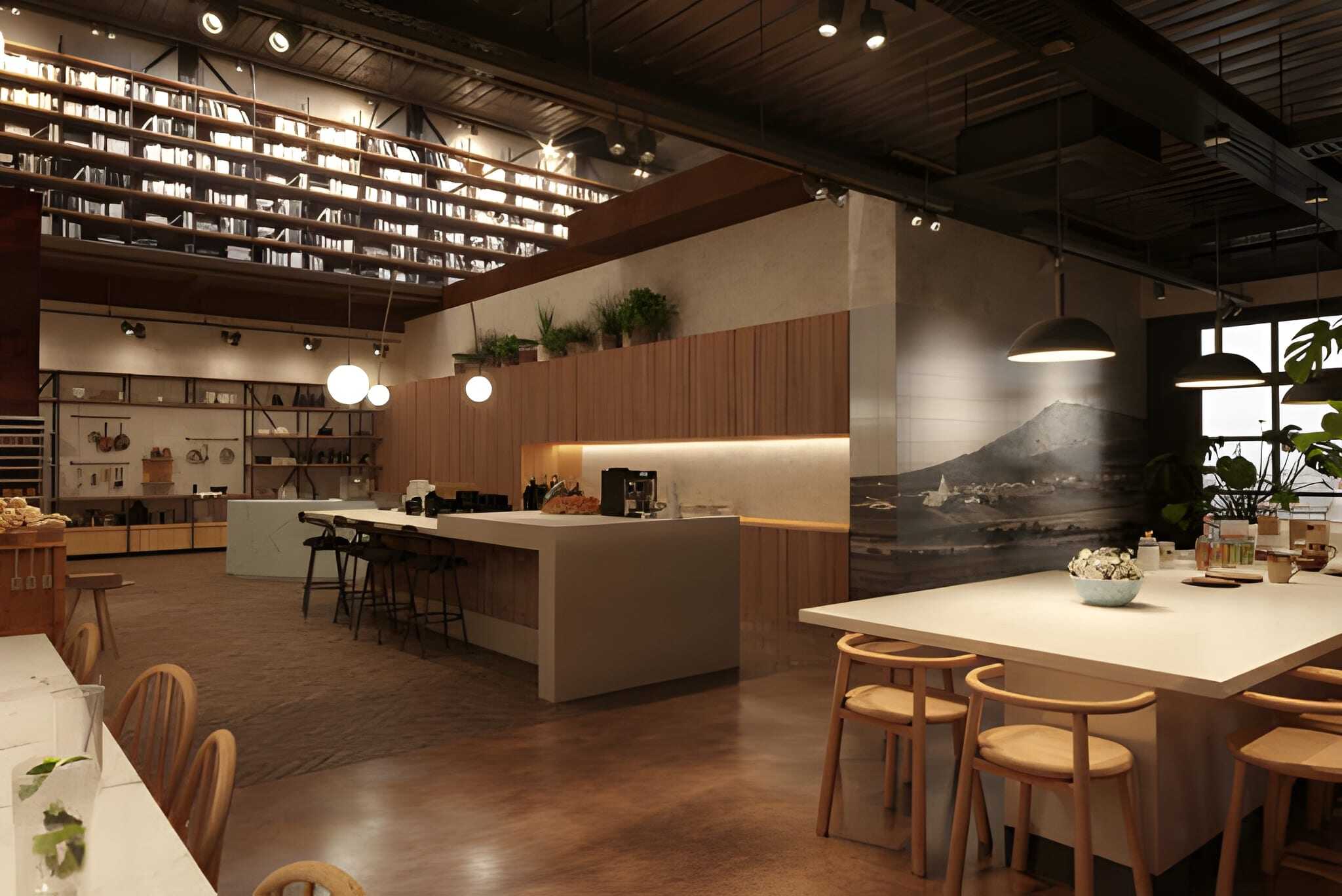 A modern restaurant interior featuring wooden furniture, an open kitchen, and warm lighting.