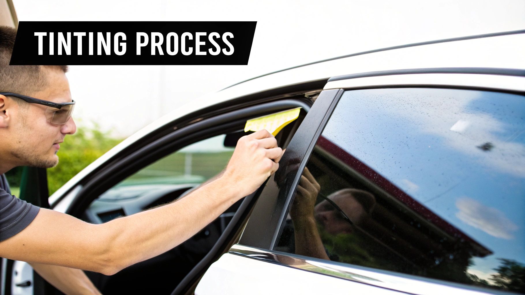 A mobile tinting technician applying tint film to a car's side window